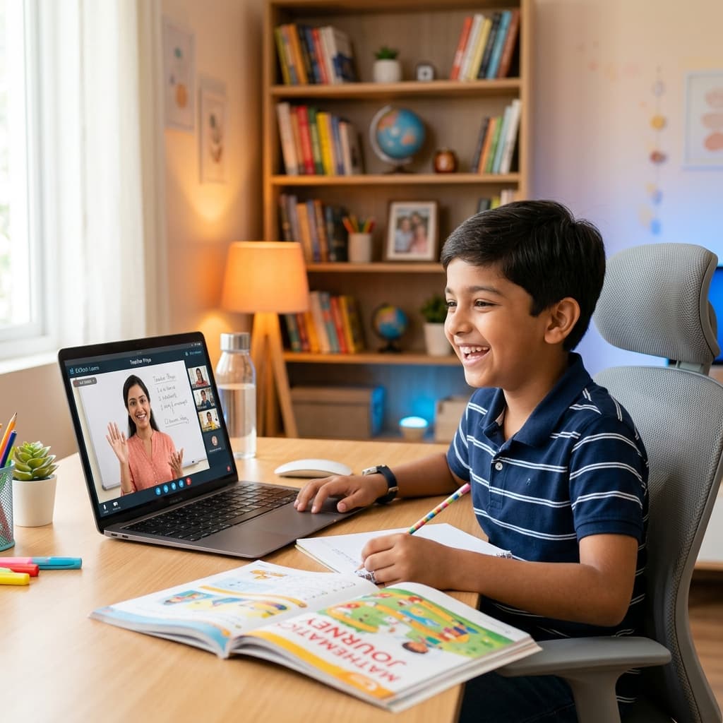 Student learning online with teacher on screen